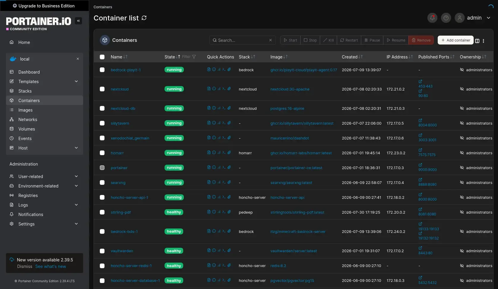 Portainer dashboard showing running containers